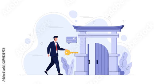 Businessman holding key to Japanese Torii gate, symbolizing opportunity, success, and new beginnings. Flat vector illustration.