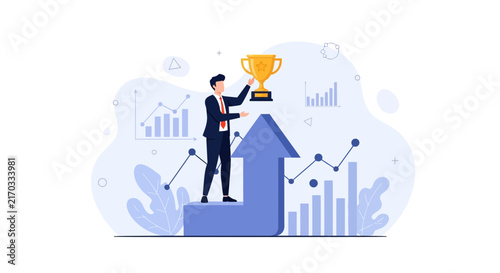 Businessman holding trophy on arrow graph representing financial growth, success, and achievement in business