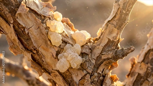 Raw frankincense resin tears hardening on the rough bark of a boswellia tree