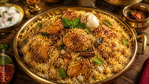 Authentic Sri Lankan chicken biryani with fragrant basmati rice, spicy chicken pieces, saffron details and traditional brass serving bowl for festive cuisine marketing