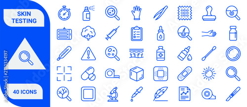 Medical skin testing icon set featuring dermatology diagnostic tools and laboratory equipment for professional healthcare analysis
