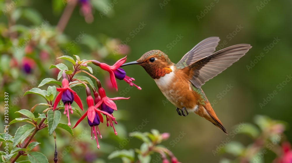 Naklejka premium Hummingbird feeding on purple fuchsia flowers