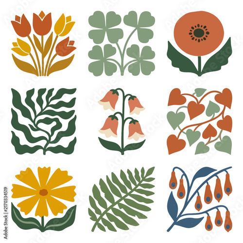 Minimalist Folk Art Botanical Symbols And Floral Design Elements Set