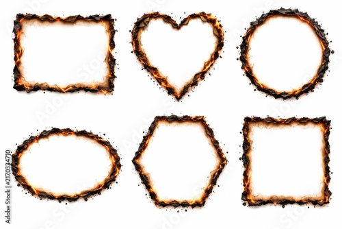 Set of various geometric shapes made with burning fire flames