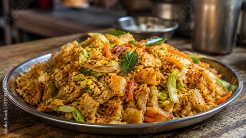 Authentic Sri Lankan vegetable kottu roti street food with chopped flatbread, colorful vegetables and aromatic spices served on traditional metal plate