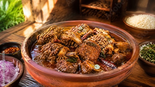 Authentic Sri Lankan spicy mutton curry in traditional clay pot with roasted spices, rich dark gravy, and rustic village kitchen setting for food and cultural marketing