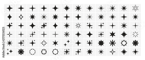Collection of various black star sparkle and twinkle icons for graphic design projects
