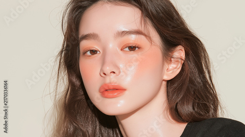 Fototapeta 美容, 女性, 若い女性, スキンケア, 化粧品, ビューティー, 美肌, ポートレート, クローズアップ, メイク, ナチュラルメイク, ツヤ肌, 透明感, 清潔感, モデル, 美容広告, コスメ広告, 美容液, 保湿, フェイスケア, 肌ケア, ベースメイク, ファンデーション, リップメイク, アイメイク, ヘアケア, ヘアスタイル, ボブヘア, ミディアムヘア, ブラウンヘア, 黒い服, 