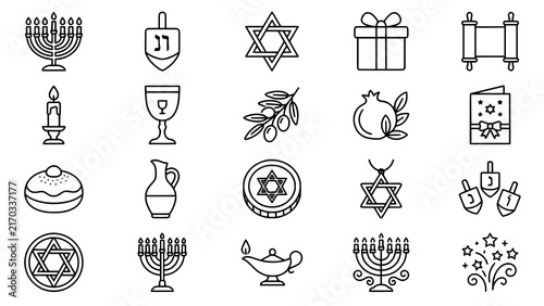Foto Collection of jewish holiday icons featuring menorah dreidel and star of david