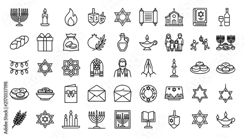 Canvas Print Collection of jewish holiday icons featuring menorahs dreidels and star of david