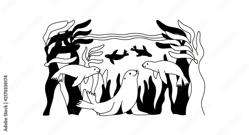 Obraz premium Black and white illustration of marine life.