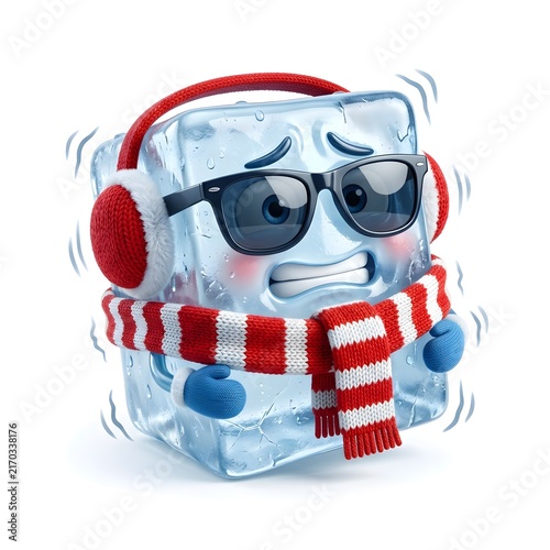 Cartoon Ice Cube Wearing Scarf and Earmuffs in Winter Theme