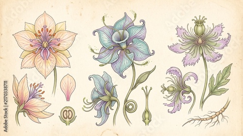 Vintage Botanical Study of Three Imaginary Flowers | Detailed Pastel Watercolor and Fine Ink Scientific Illustration