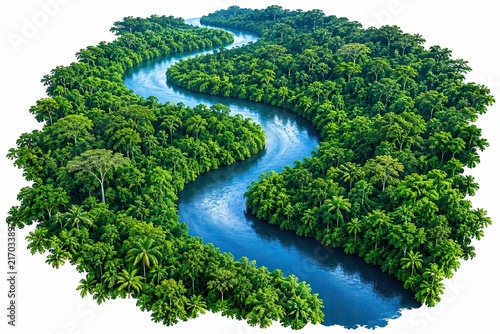 Winding river flowing through a dense green tropical rainforest jungle