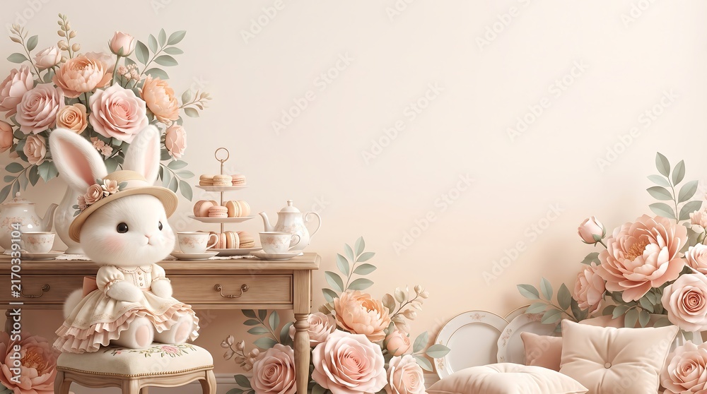 Fototapeta premium Pastel bunny sitting on floral decorated tea table with teacups