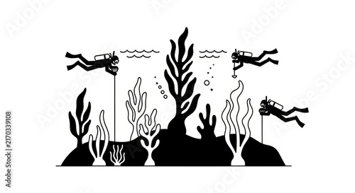Canvastavla scuba divers explore ocean coral reef.