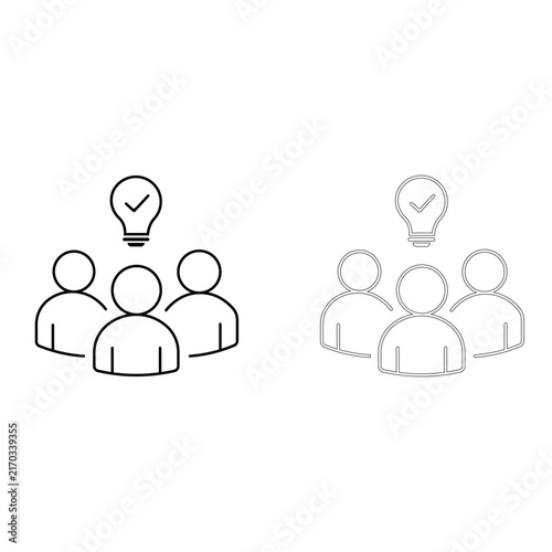 Team members light bulb icon isolated on white background for group collaborative ideas.