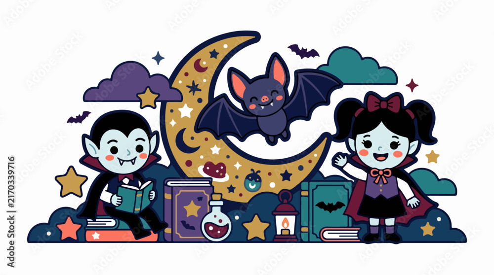 Fototapeta premium Halloween scene with vampire kids and bat under moon