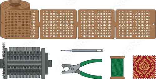 Принти на полотні Traditional Jacquard Loom and Textile Automation Icon Set Featuring Punch Card R