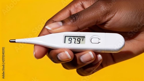 Extreme close-up of a dark skin hand holding a digital thermometer with normal healthy temperature on a monochrome display. Perfect vital signs, recovery confirmation and medical wellness concept