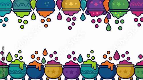 Colorful cartoon potion bottles and cauldrons border pattern