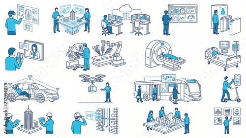 Futuristic CAD Wireframe Human Activity Icon Collection with 50 Editable BIM Inspired Architectural Vector Elements