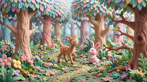 Whimsical Pastel Claymation Forest with Sculpted Trees, Flowers and Cute Woodland Animals | Detailed 3D Art