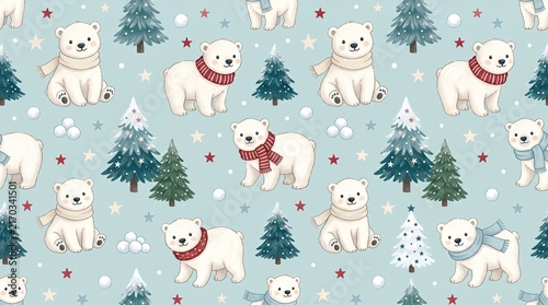 Cute winter seamless pattern with polar bears, snowmen and snowy pine trees on blue background, festive Christmas illustration for fabric, wrapping paper, wallpaper and seasonal holiday designs.