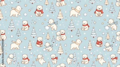 Cute winter seamless pattern with polar bears, snowmen and snowy pine trees on blue background, festive Christmas illustration for fabric, wrapping paper, wallpaper and seasonal holiday designs.