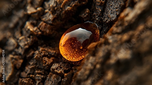 Macro shot of a golden resin droplet oozing from cracked pine bark in a forest, highlighting natural amber textures
