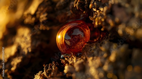 Cinematic macro photo of a glowing amber resin droplet on textured tree bark with golden light