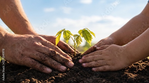 Photorealistic commercial stock photography of a community Clean Air Day tree planting event in an urban park, Asian families, students and volunteers planting young trees together, blue sky, lush gre