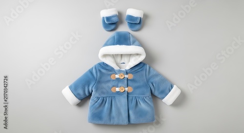 Light blue baby hooded coat with white trim and buttons
