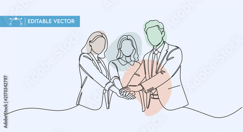 Canvas Print Diverse business professionals joining hands together in a clean, minimal, continuous line vector graphic illustration design