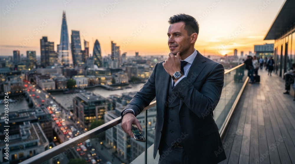 Fototapeta premium Businessman standing overlooking city skyline on rooftop terrace