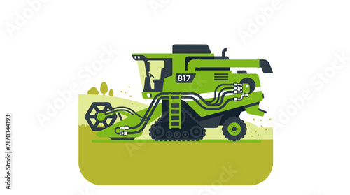 Foto Green Combine Harvester Working on Field