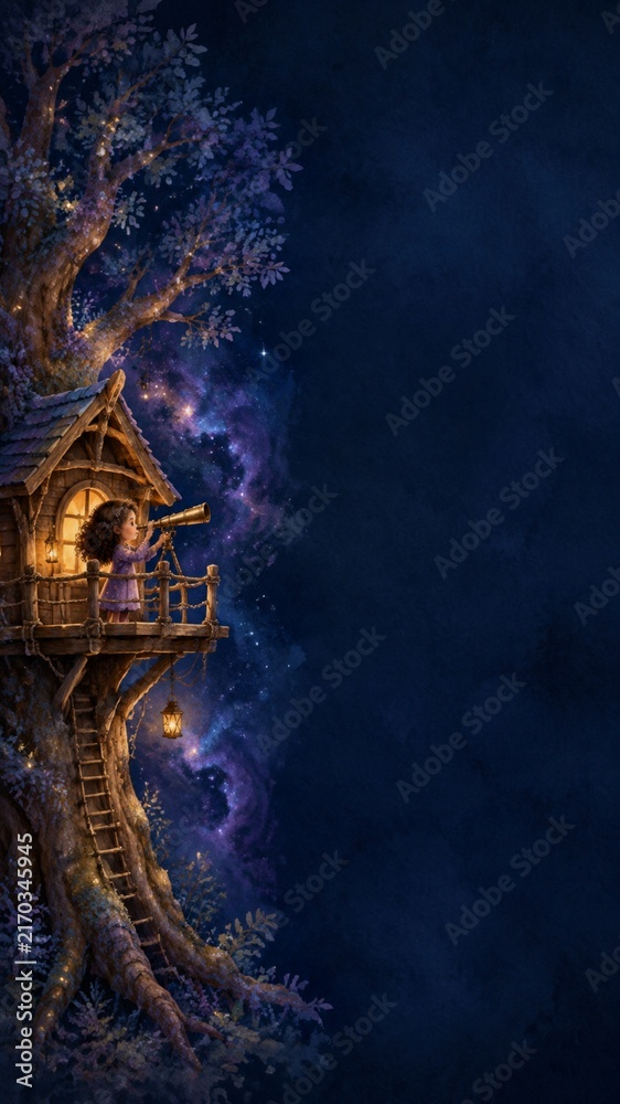 Obraz premium Whimsical Watercolor Childrens Book Illustration of Cosmic Treehouse with Copy Space, Vertical Mobile Story Layout