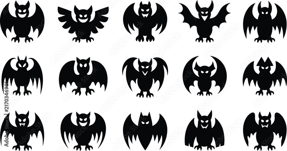 Obraz premium Fifteen black silhouette bat with spread wings and sharp teeth for halloween themed projects on a white background.
