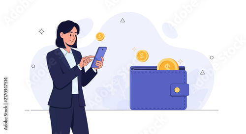 Woman Using Smartphone for Online Banking with Digital Wallet and Coins - Financial Technology Concept