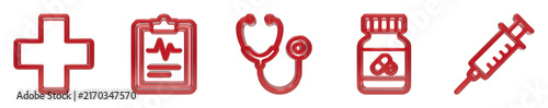 A set of red medical icons representing health care services and professional clinical tools for diagnostics