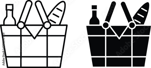 Picnic basket basketry with blanket icon set, black and white vector illustration on transparent background. Picnic basket fast food silhouette icon set. Collection of black summer picnic food set. 