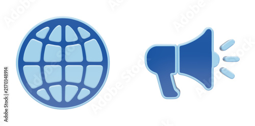 Global communication globe icon and megaphone symbol representing international marketing outreach and digital world wide connection