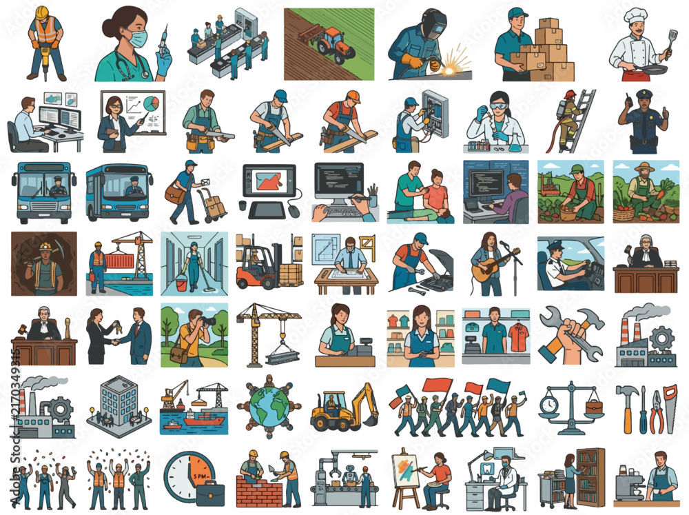 Naklejka premium Labor Day Essential Tools & Trades: Flat vector concepts featuring construction gear, hands at work, and unity icons.