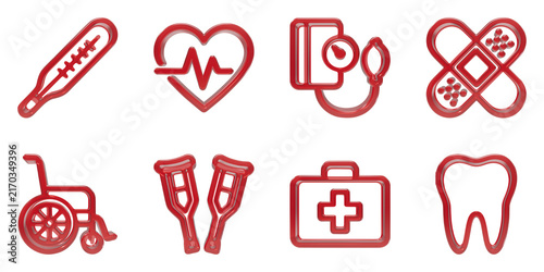 Medical equipment icons including wheelchair crutches thermometer heart rate and tooth for general clinical health care use
