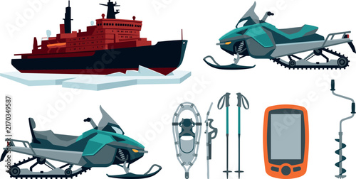 Bild auf Leinwand Arctic Expedition and Polar Exploration Icon Set Featuring Icebreaker Ship Cruis