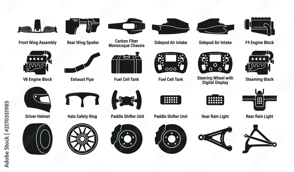 Fototapeta premium Formula 1 racing car parts and components icons for motorsport design.