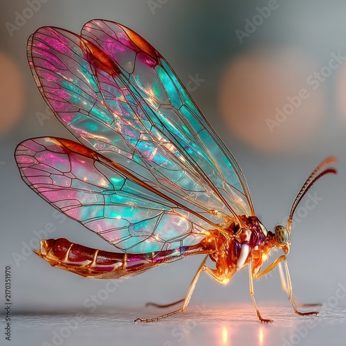 Macro photograph of a small insect with iridescent wings displaying hues of pink, teal, and gold