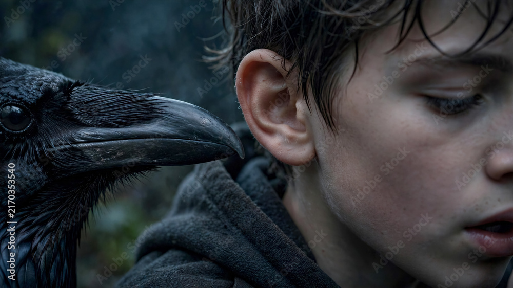 Naklejka premium Close up of a raven beak near a boy ear as he whispers a secret in a dark moody cinematic atmosphere