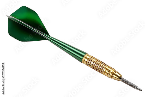 Green steel-tip dart with brass barrel, sharp metal point isolated on cutout PNG or transparent. Precision, focus, achievement, target, success. Professional darts game equipment symbol accuracy.