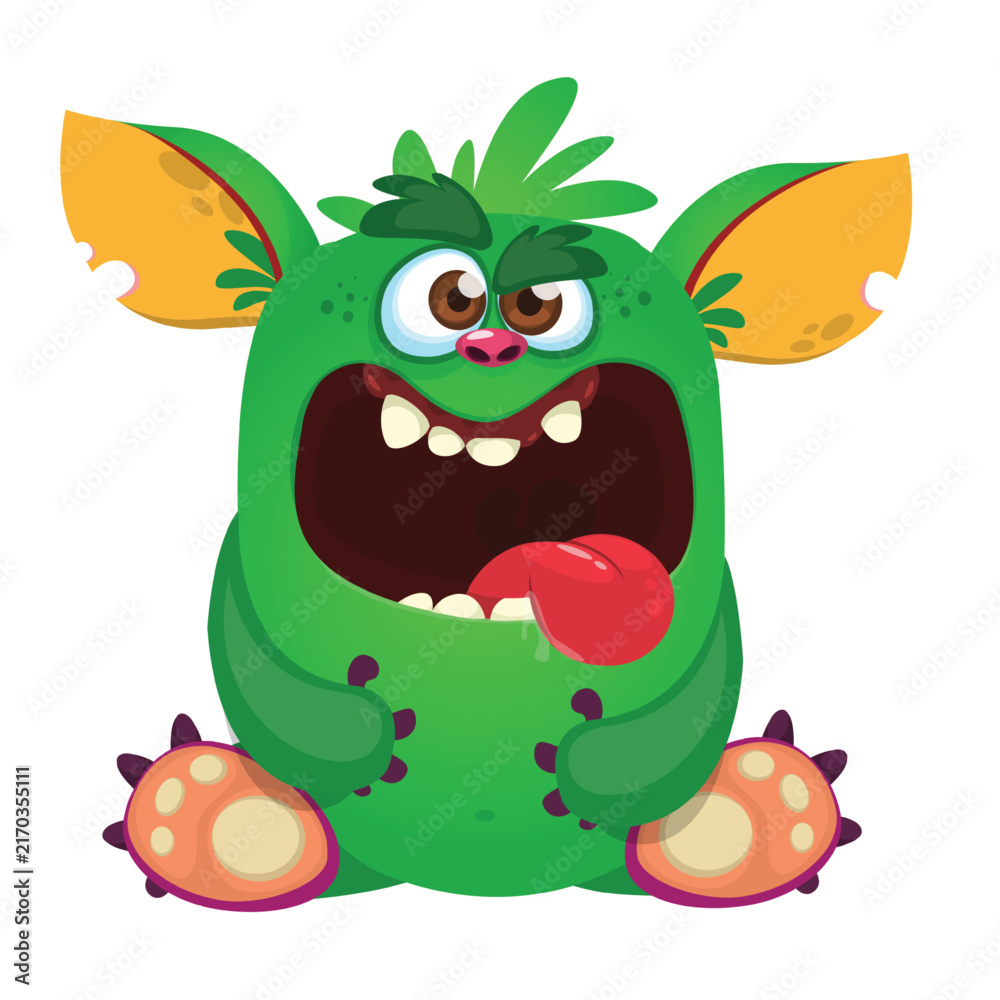 Fototapeta premium Funny Halloween monster character with horns waving hands isolate